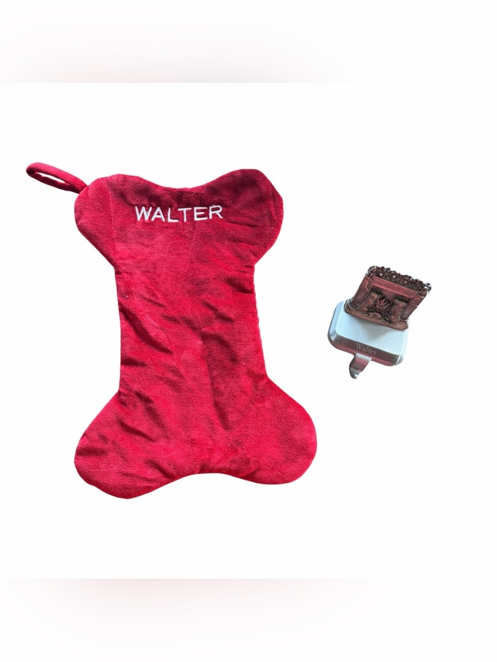 Pottery Barn “Walter” Velvet Dog Stocking and “Walter” Stocking Holder Engraved